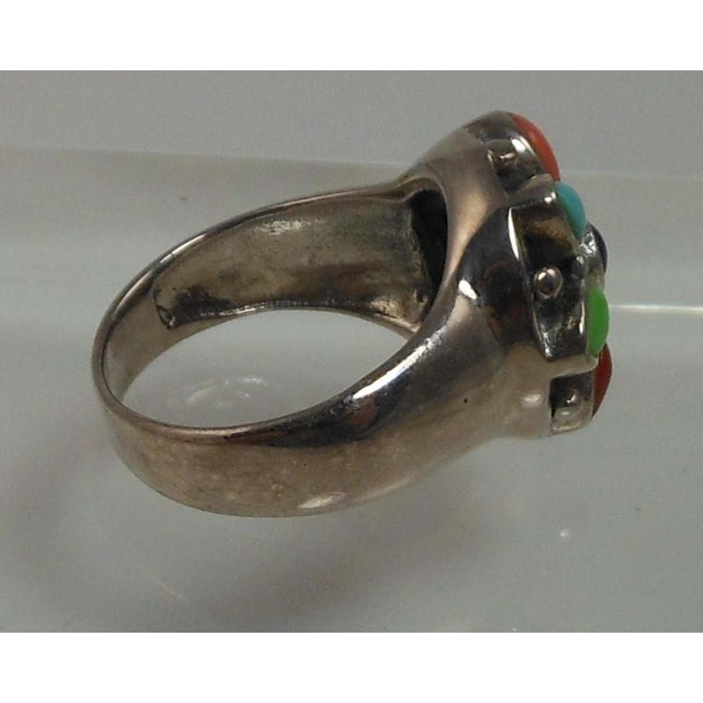 Vintage Designer Sterling Silver Turquoise Coral Garnet Ring - Size 7.75 - Picture 3 of 10
